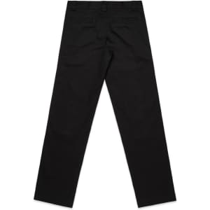 Black slacks displayed from the back, featuring pockets and a waistband with belt loops. The image includes a logo.