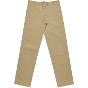 Beige slacks with a straight leg cut, featuring a waistband and belt loops. Includes a logo on the waistband.