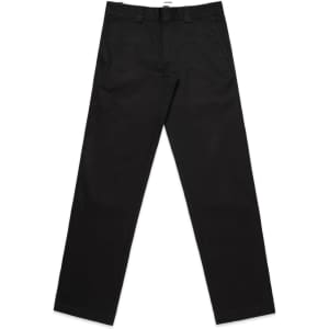 Black slacks with a straight leg design, featuring a waistband and belt loops. Suitable for casual or formal wear.