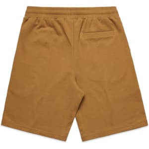 A pair of mustard-coloured sports shorts with an elastic waistband and a back pocket. Features a logo.