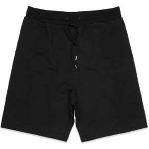 Black sports shorts with an elastic waistband and drawstring. Features a logo branding.