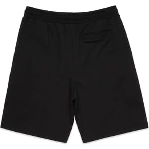 Black sports shorts with an elastic waistband and a pocket at the back. Features a logo on the side.