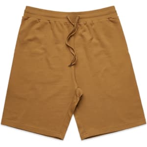 Brown sports shorts featuring an elastic waistband and adjustable drawstring, with a minimalistic design.