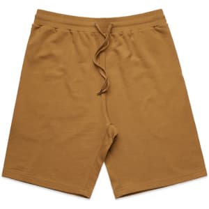 A pair of brown sports shorts featuring an elastic waistband and drawstring. The shorts have a minimalist design.