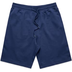 Navy blue sports shorts with an elastic waistband and drawstring, featuring side pockets and a simple design.