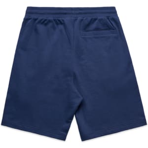 Navy sports shorts featuring an elastic waistband and a back pocket, with a small logo present.