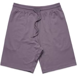 A pair of grey sports shorts with an elastic waistband and drawstring, featuring a logo.