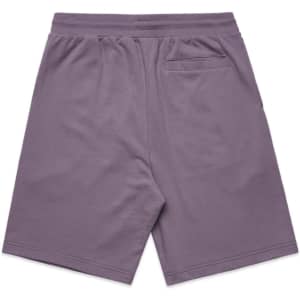 A pair of purple sports shorts featuring an elastic waistband and a back pocket, with a small logo.