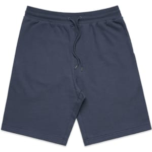 Navy sports shorts featuring an elastic waistband with drawstring and a logo.