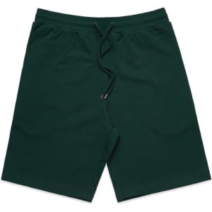Dark green sports shorts featuring an elastic waistband and drawstring, with a logo present on the garment.