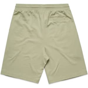 Khaki sports shorts with an elastic waistband and a single back pocket. Features a logo on the waistband.