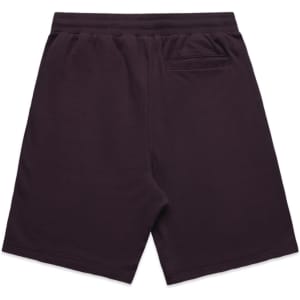 Dark purple sports shorts with an elastic waistband and a back pocket, featuring a logo.