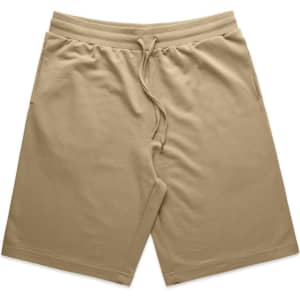 Khaki sports shorts with an elastic waistband and drawstring, featuring pockets and a simple design.