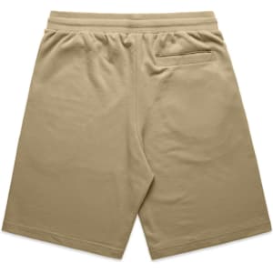 A pair of khaki sports shorts featuring an elastic waistband and a back pocket, with a simple design.