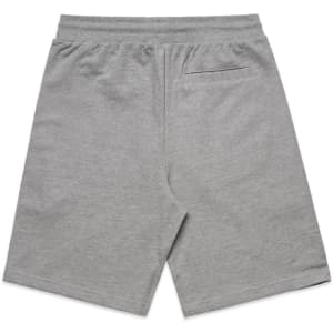 Grey sports shorts with an elastic waistband and a single back pocket. Features a logo on the waistband.