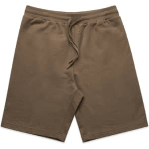 Olive green sports shorts featuring an elastic waistband and drawstring, with a logo present on the design.