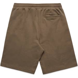 Khaki sports shorts with an elastic waistband and a single back pocket. Features a logo on the waistband.