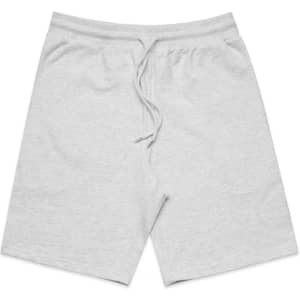 Light grey sports shorts featuring an elastic waistband and a drawstring, with a logo on the side.