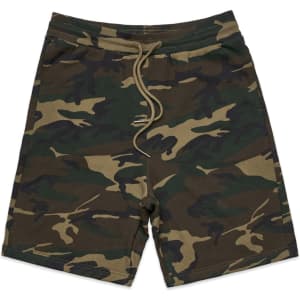 Camo shorts in shades of green and brown with an elastic waistband and drawstring, featuring a logo.
