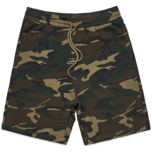 Camouflage sports shorts in shades of green and brown, featuring an elastic waistband and drawstring.