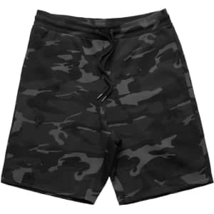 Black camo sports shorts with a drawstring waist and a logo. Ideal for casual or athletic wear.