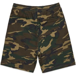 Camo shorts in green and brown tones, featuring a waistband and a logo on the back. Suitable for sports activities.