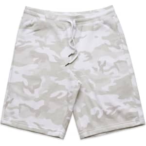 A pair of grey and white camo sports shorts with an elastic waistband and drawstring detailing.