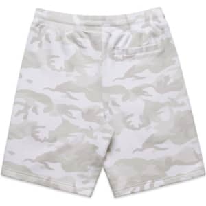 Light grey camo shorts with an elastic waistband and a back pocket, featuring a branding logo.
