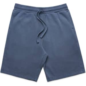 Faded blue sports shorts with an elastic waistband and drawstring, featuring a logo at the back.