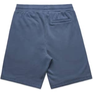 Faded blue sports shorts with an elastic waistband and a back pocket. Features a logo.