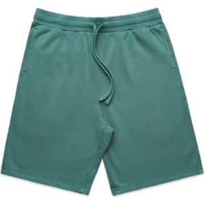 Faded stadium shorts in a teal colour with an elastic waistband and adjustable drawstring. Features a logo.