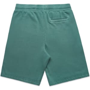 Faded green sports shorts with a back pocket and an elastic waistband. Features a logo.