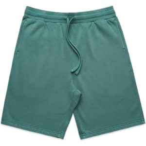 Faded green sports shorts featuring an elastic waistband and a logo.