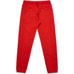Red track pants featuring an elastic waistband and a logo.