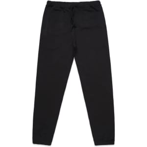 Black track pants featuring an elastic waist and drawstring, with a logo on the front.
