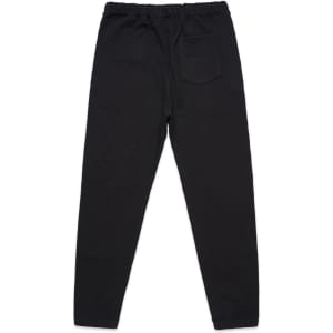 Black track pants with an elastic waistband and a single back pocket, featuring a logo on one side.