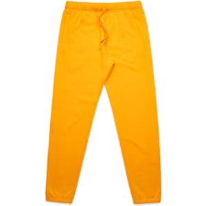 Bright yellow track pants with an elastic waistband and pockets, featuring a logo. Ideal for casual wear.