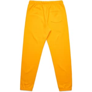 Bright yellow track pants with an elastic waistband and a back pocket, featuring a logo.