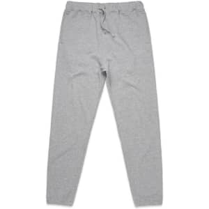 A pair of grey track pants with an elastic waistband and side pockets. The pants have a simple design and logo.