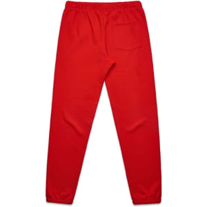 Red track pants with an elastic waistband and a single back pocket, featuring a logo on the waistband.