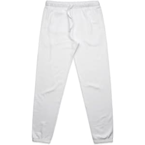 White track pants with an elastic waistband and cuffs, featuring a drawstring and a logo.