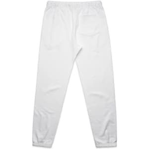 A pair of white track pants with an elastic waistband and a back pocket. The design includes a logo detail.