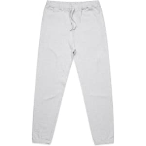Grey track pants featuring an elastic waistband and cuffs, with a drawstring and a small logo.