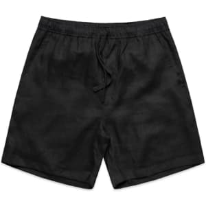 Linen shorts in black with an elastic waistband and drawstring, designed as dress shorts.