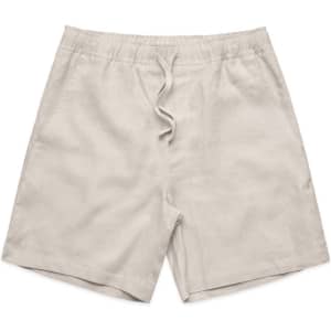 Linen shorts in a light beige colour with an elastic waistband and drawstring. Features side pockets.