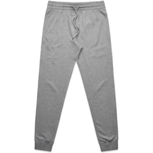 Grey premium track pants featuring an elastic waistband and cuffs, with a drawstring for adjustment.