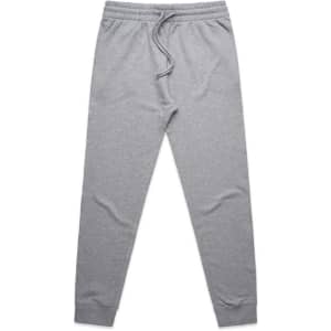 A pair of grey premium track pants with an elastic waistband and cuffs, featuring a drawstring and a logo.