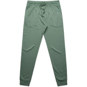 Green premium track pants featuring a drawstring waist and fitted cuffs. Includes a logo on the waistband.