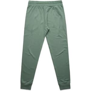A pair of premium track pants in a soft green shade with an elastic waistband and cuffs. Features a logo.