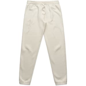 Light cream track pants with an elastic waistband and cuffs, featuring a small logo.